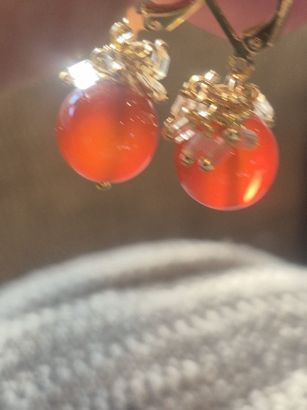 Gold Leverback Earrings with Red Carnelian Beads - Picture 3 of 5